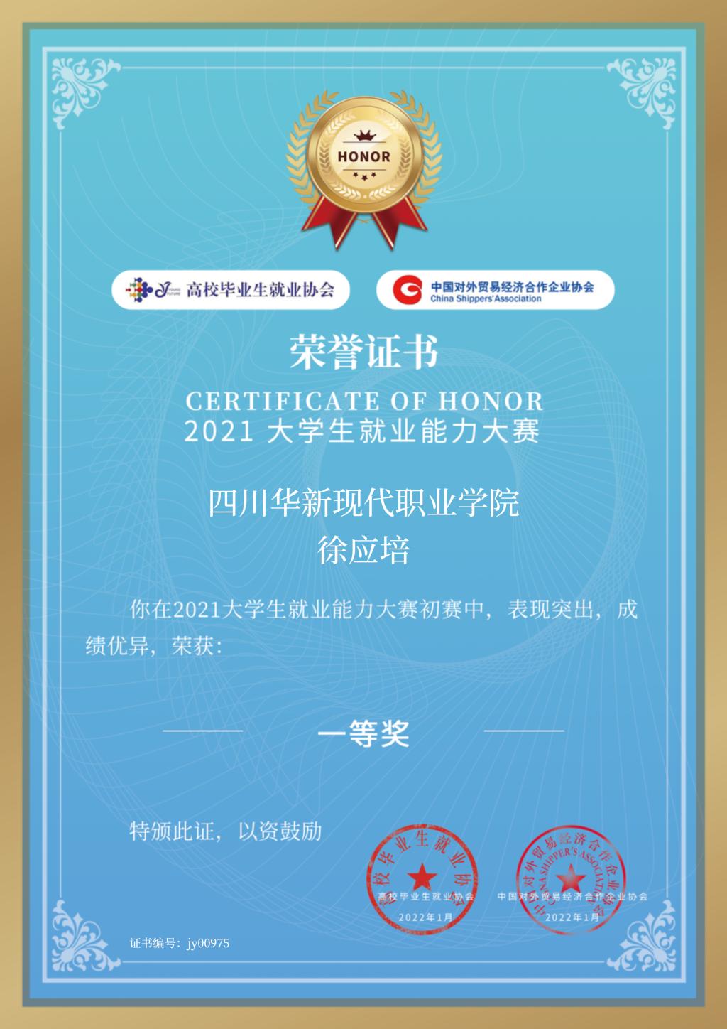 2021就业能力大赛二等奖证书